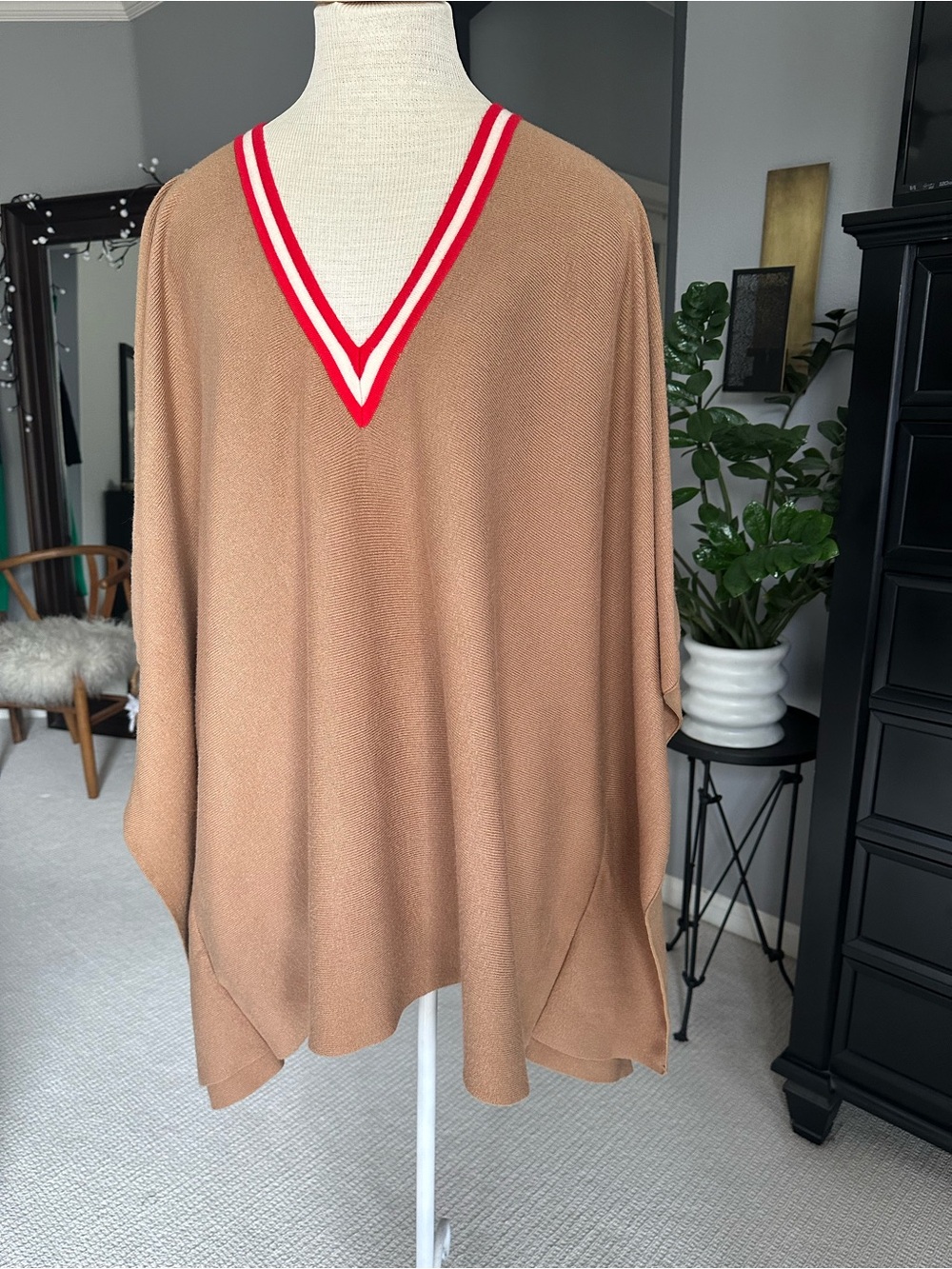 Mersea Poncho Sweater in Camel with Red Trim OS